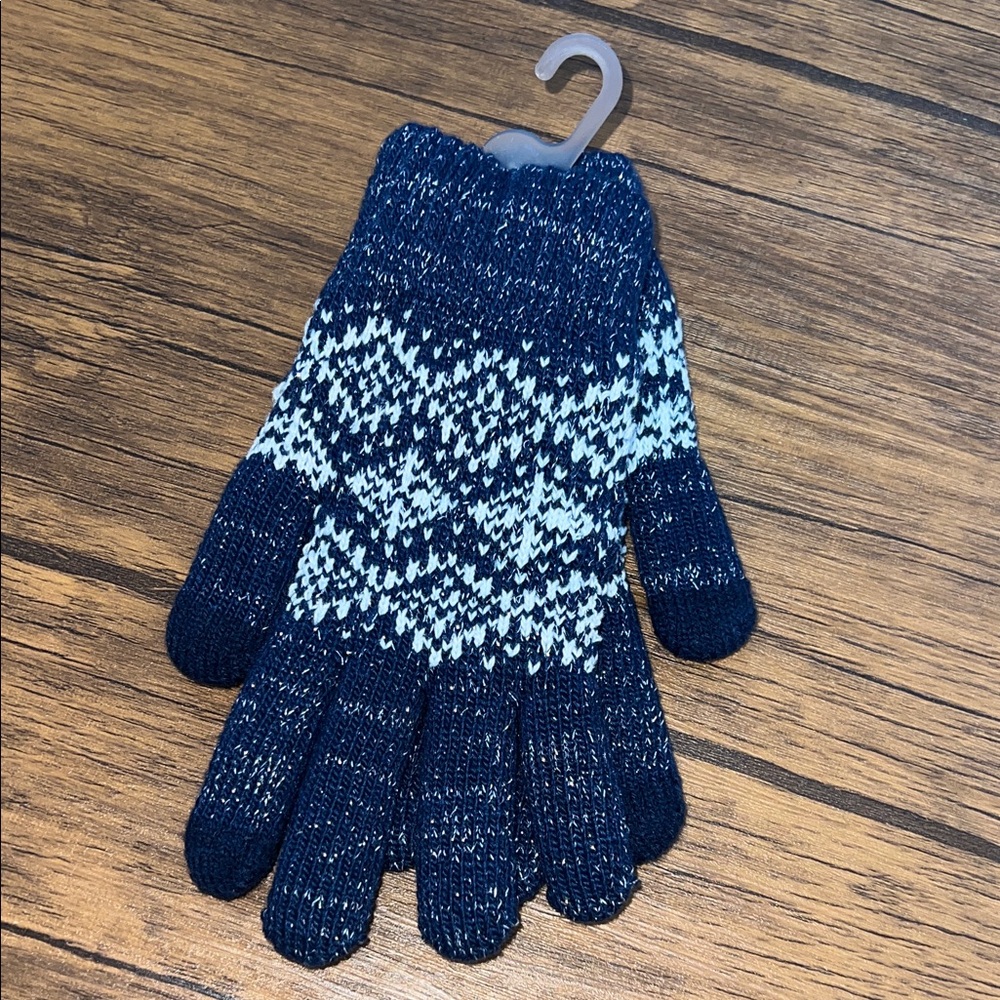 Glitter Thread Navy and White Knit Gloves- OS